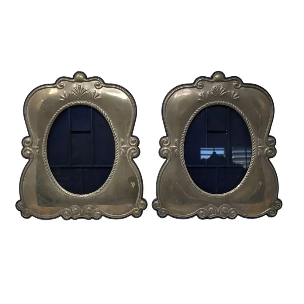 Vtg Ornate Silver-Plated Picture Frames Blue Velvet Easel Back‎ Oval 5